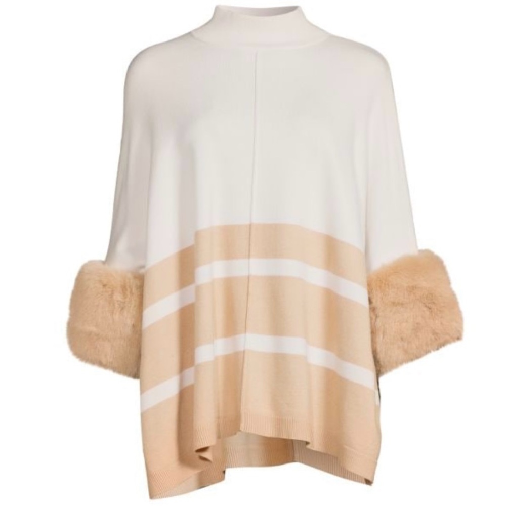 FANCY SWEATER NWT Saks Fifth Avenue Sweater Poncho with Faux Fur Trim - Picture 2 of 6